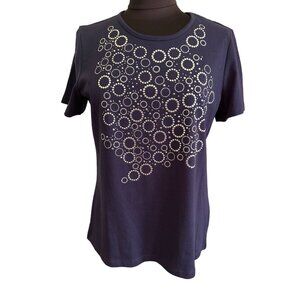 Coral Bay Women's Short Sleeve Navy Top With Rhinestone Circle Design, Size Med